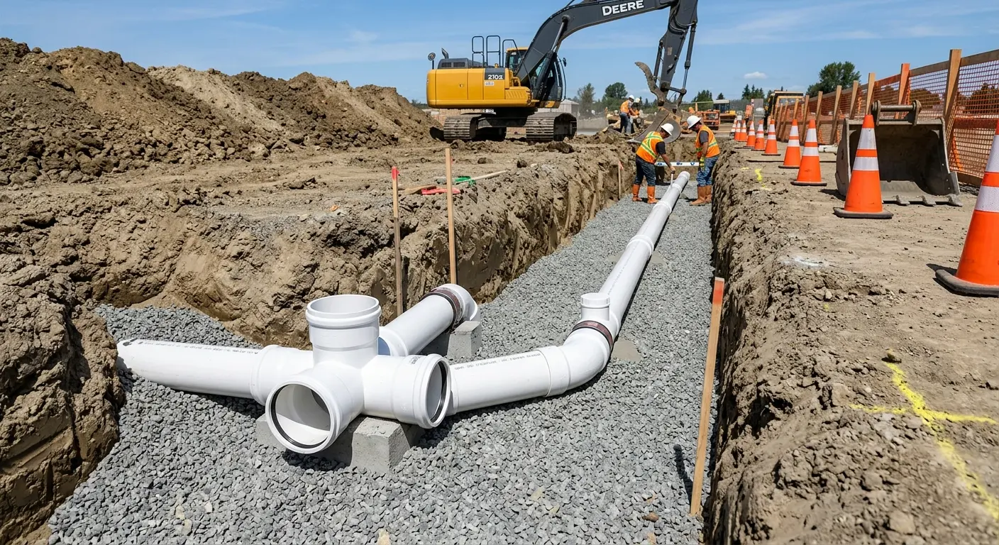 New PVC sewer pipe installation in open trench for Sewer Backup in Opelika