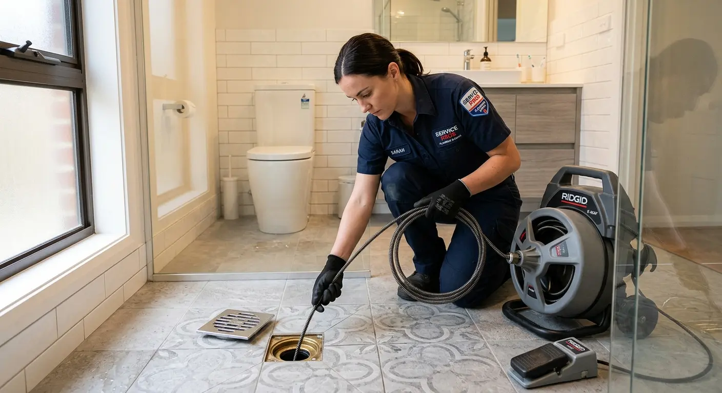 Technician clearing a bathroom floor drain for Hydro Jetting in Opelika